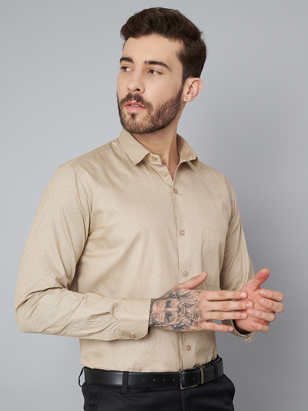 Khaki Printed Mens Formal Shirt - A
