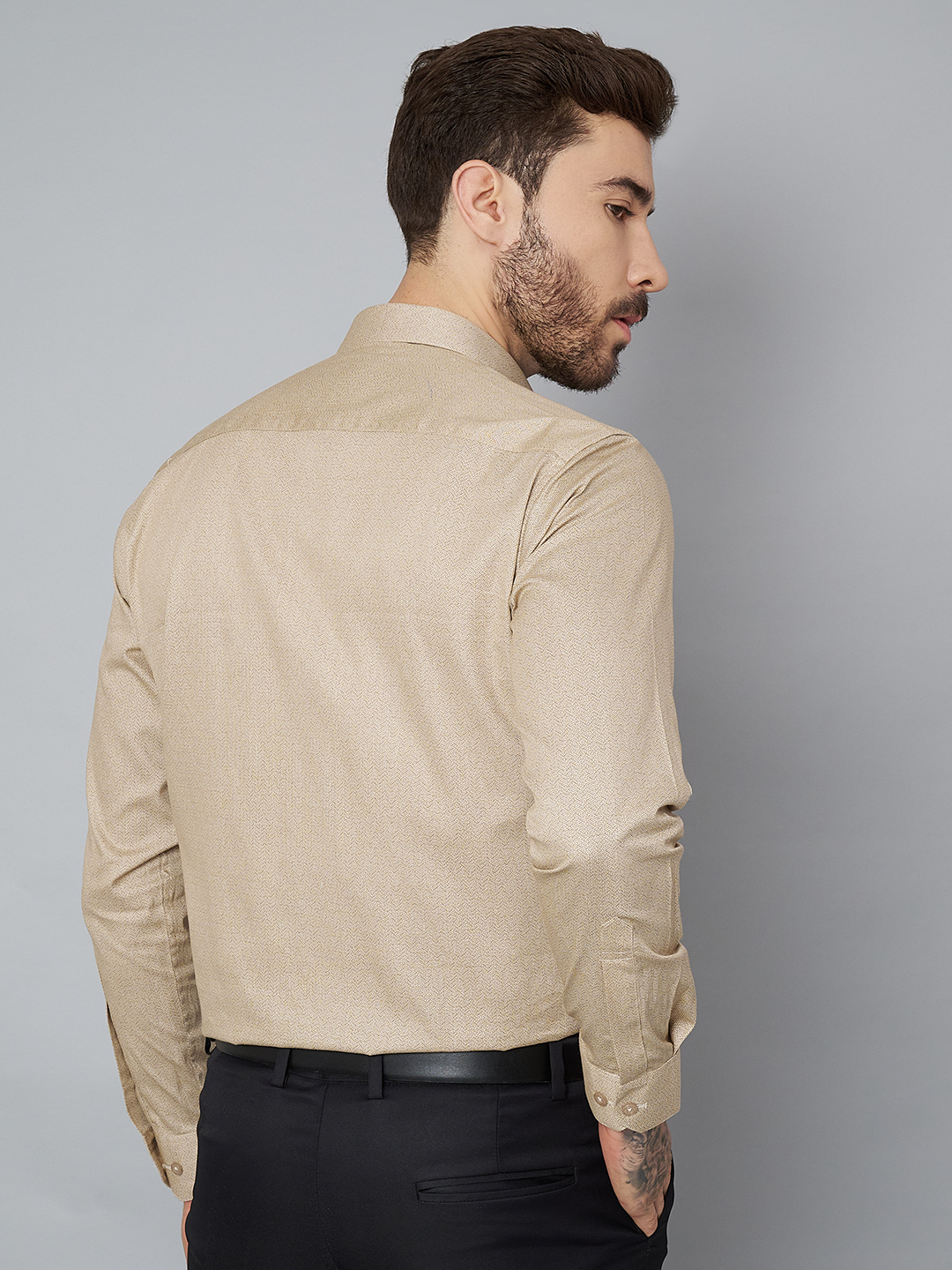 Khaki Printed Mens Formal Shirt - A