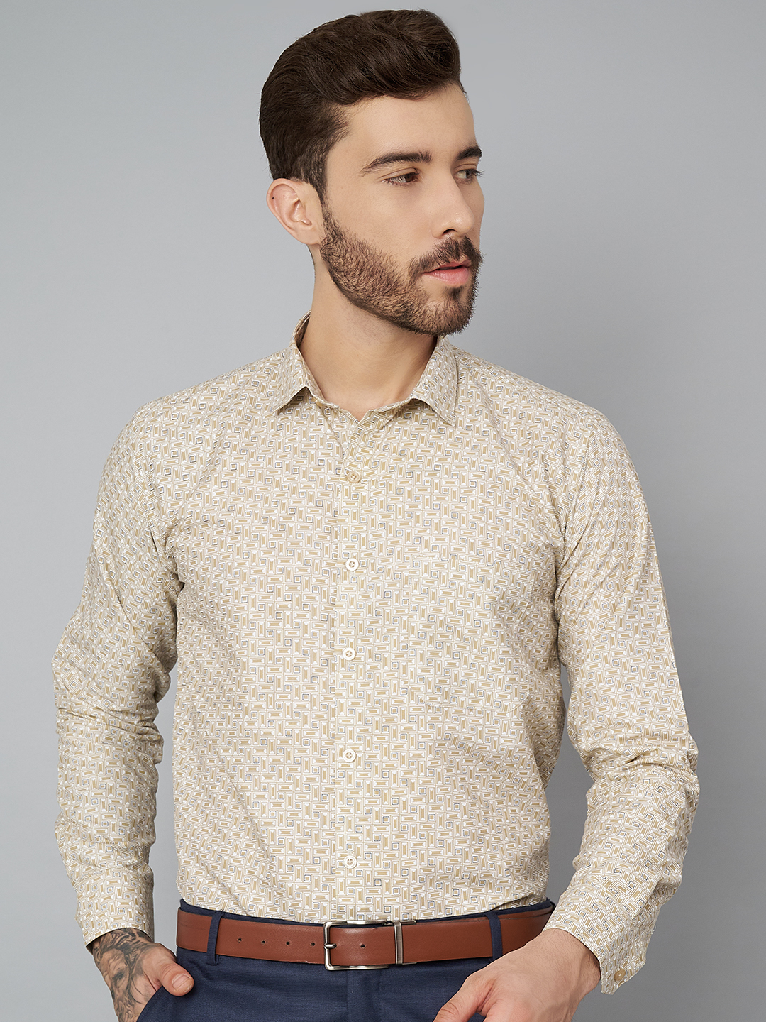 Khaki Printed Mens Formal Shirt A