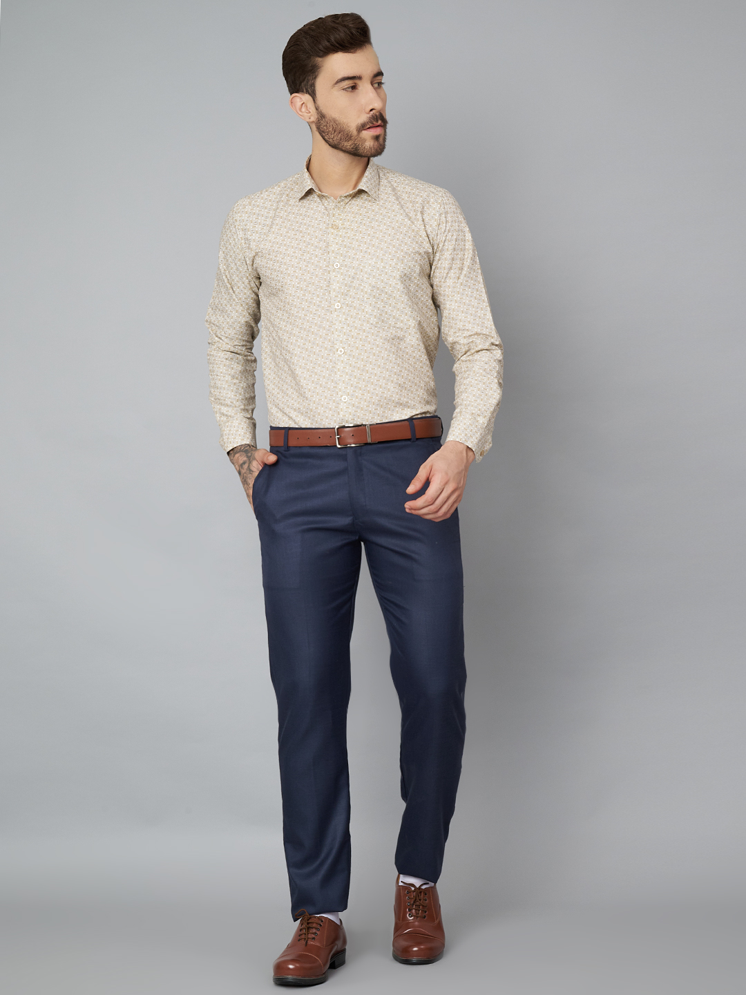 Khaki Printed Mens Formal Shirt A