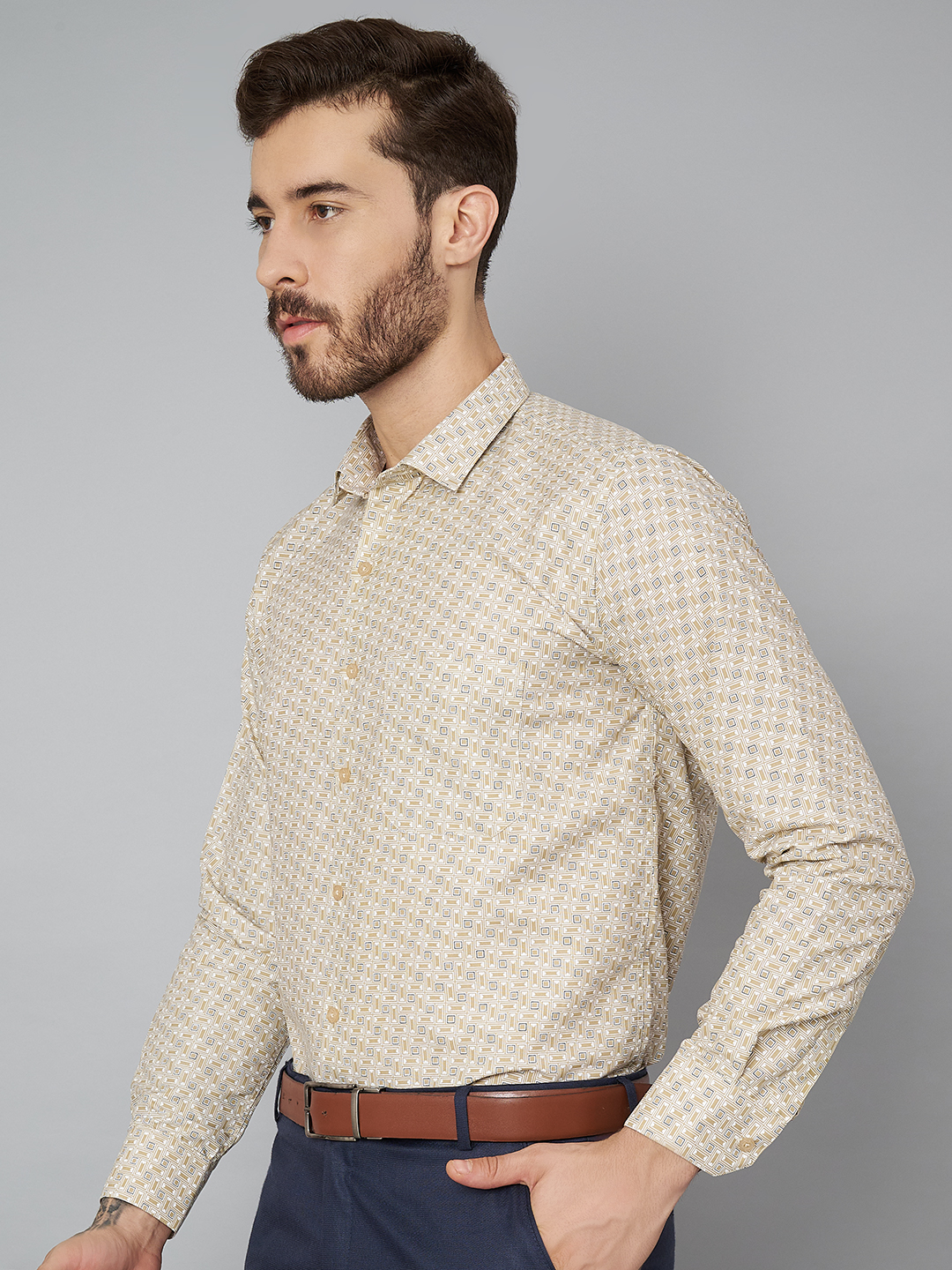 Khaki Printed Mens Formal Shirt A