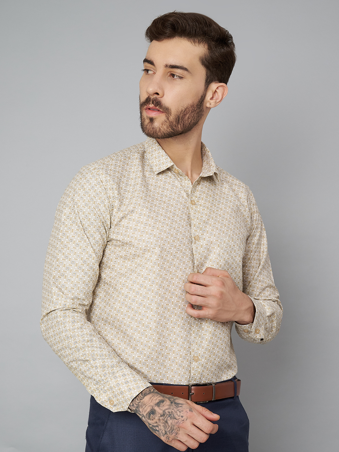 Khaki Printed Mens Formal Shirt A