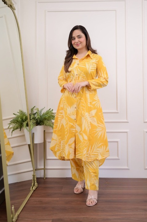 Yellow Cotton Printed Kurti with Pant