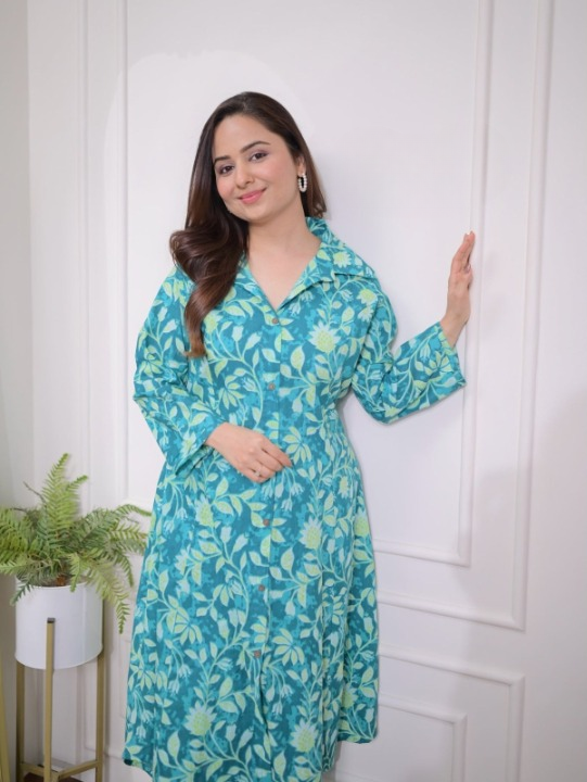 Blue Cotton Printed Kurti with Pant V5