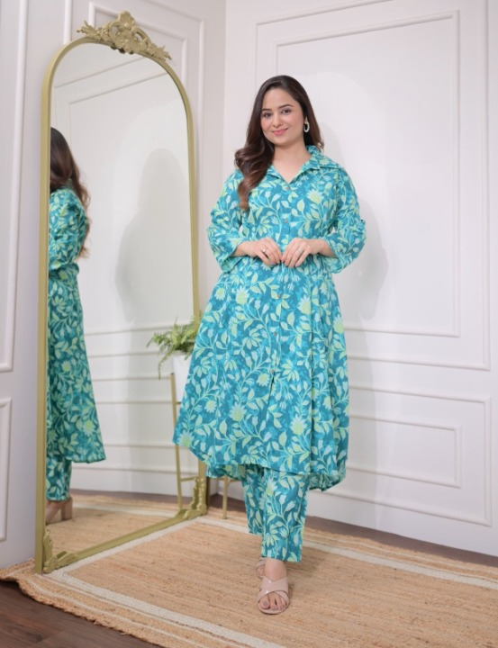 Blue Cotton Printed Kurti with Pant V5