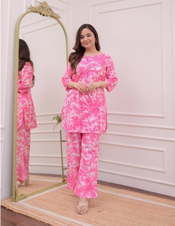 Pink Cotton Printed Co-ord set V6