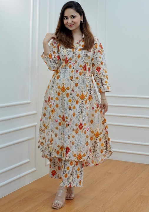Brown Cotton Printed Kurti with Pant