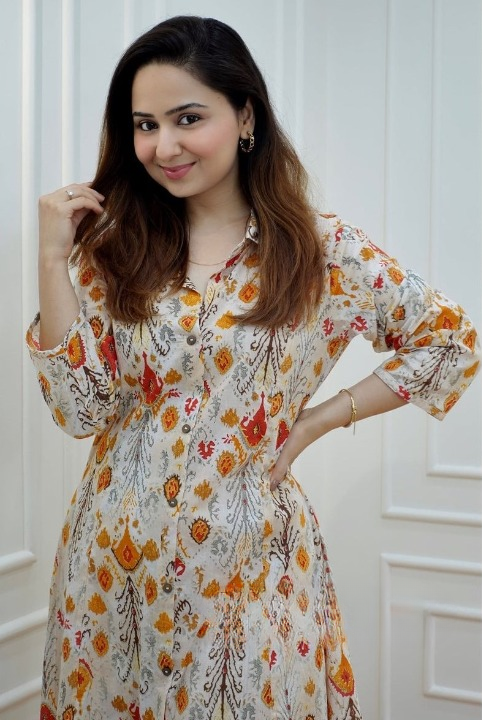 Brown Cotton Printed Kurti with Pant