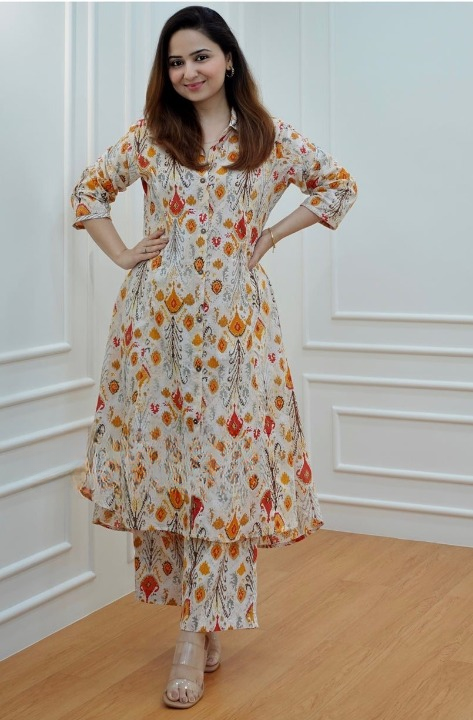 Brown Cotton Printed Kurti with Pant