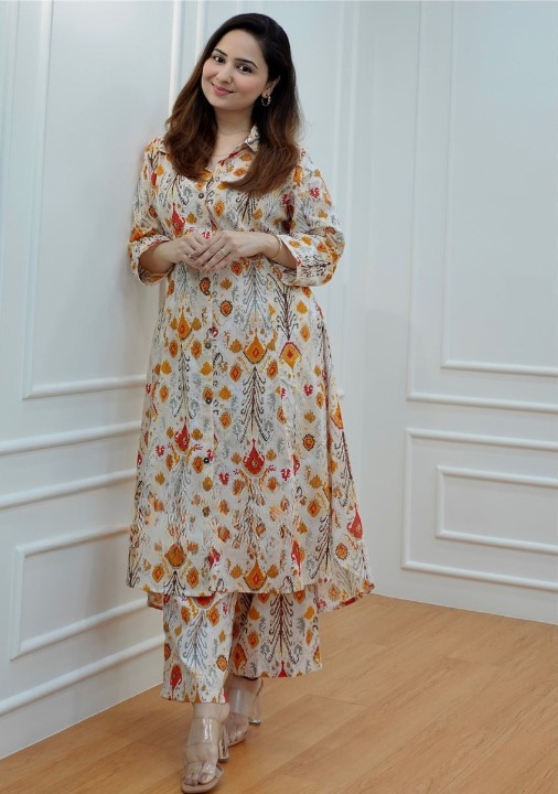 Brown Cotton Printed Kurti with Pant