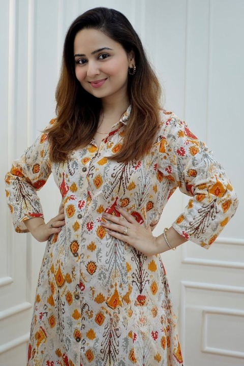 Brown Cotton Printed Kurti with Pant