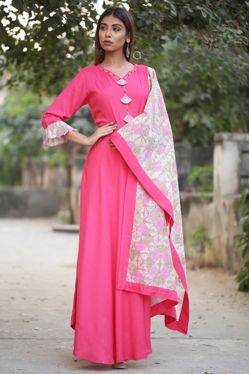 Pink Anarkali Kurti with Dupatta