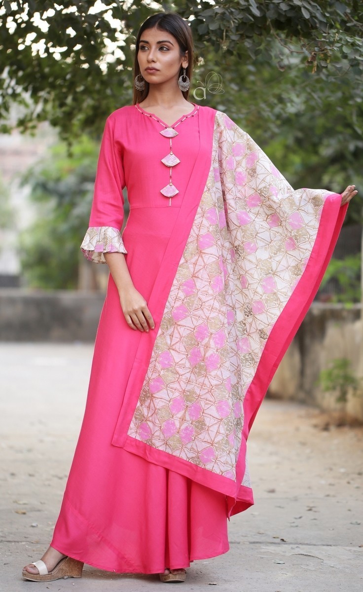 Pink Anarkali Kurti with Dupatta