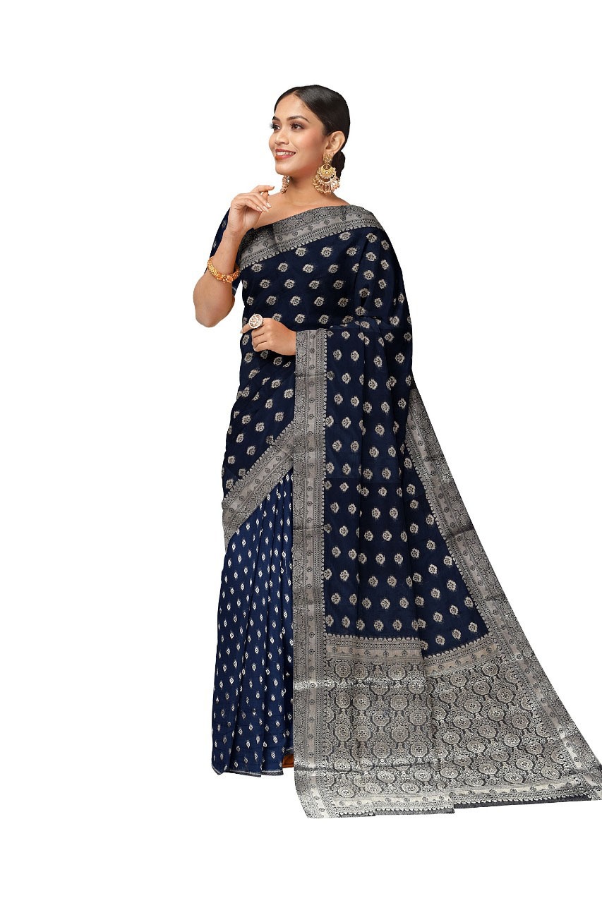 Navy Blue Banarasi Saree with Silver Zari