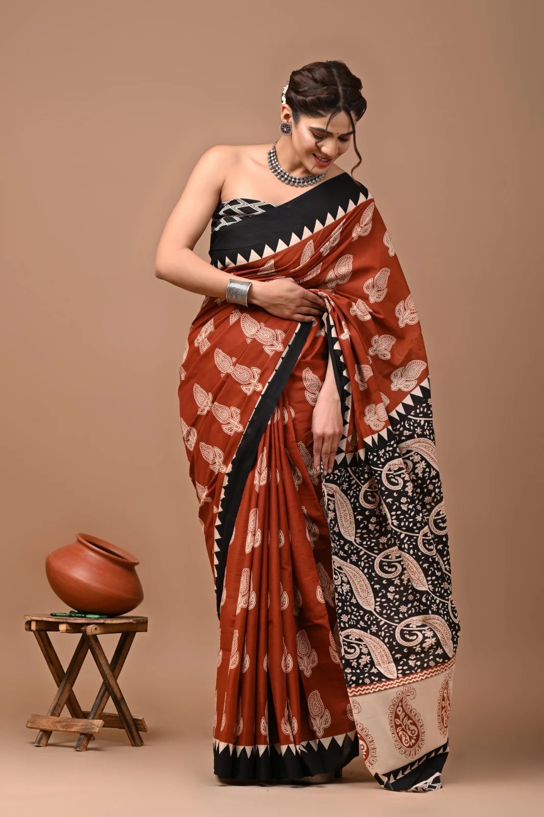 Ethnic Block Printed pure Malmal cotton saree with Rust Brown &Block Blouse