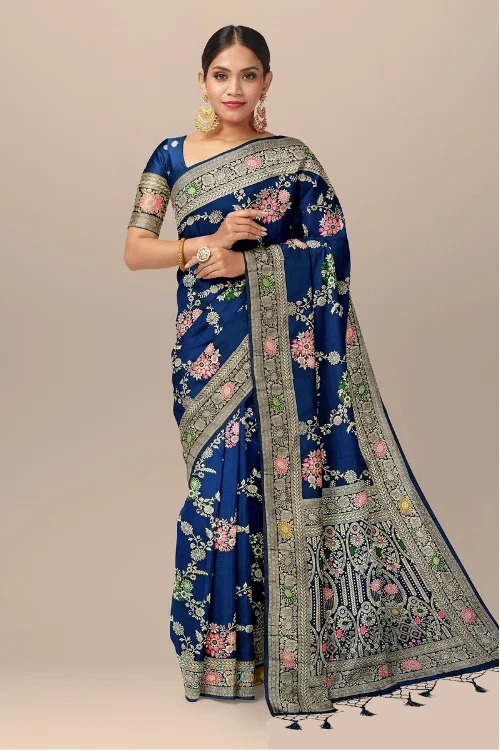 Blue Banarasi Dola Silk Saree with Brocade Unstitched Blouse Piece