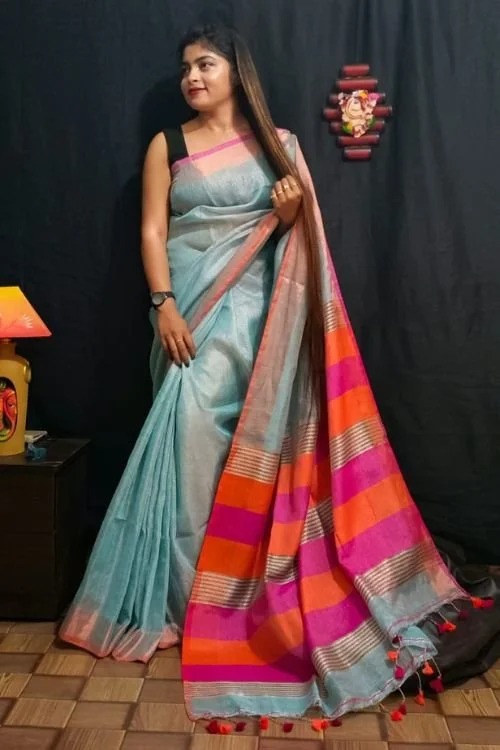 Elegant Soft Tissue Blue Linen Saree with Running Blouse Piece