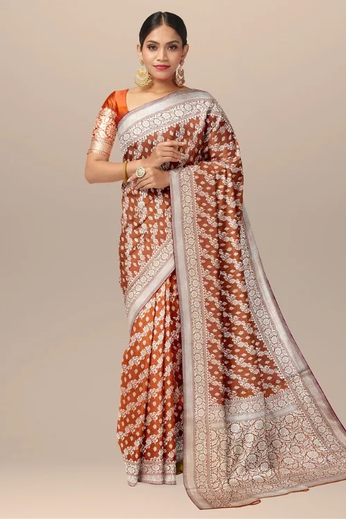 Orange Banarasi Katan Uppada Silk Partywear Saree with Matching Blouse Piece