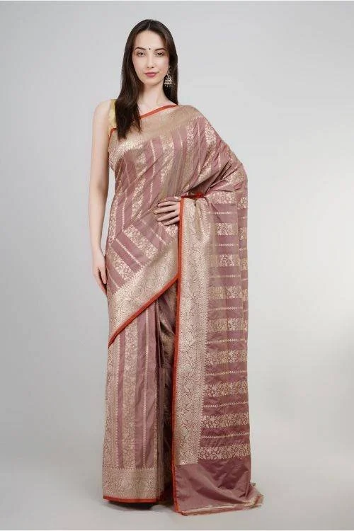 Regal Dull Onion Banarasi Silk Saree with Zari Border and Unstitched Blouse Piece