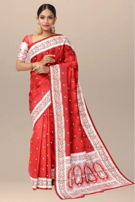 Luxurious Red Pure Mushroom Silk Partywear Saree with Unstitched Blouse