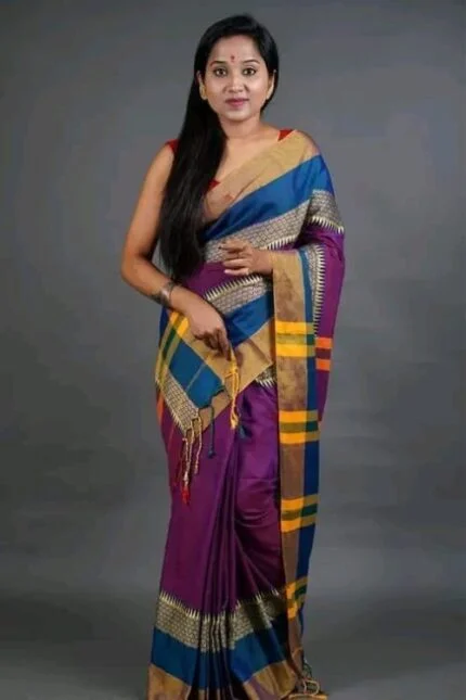 Purple Handloom Khadi Cotton Saree with Running Blouse Piece Elegant Traditional Wear