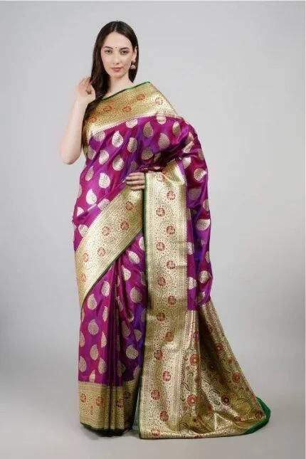 Regal Elegance Purple Banarasi Saree with Zari Border & Matching Blouse Piece