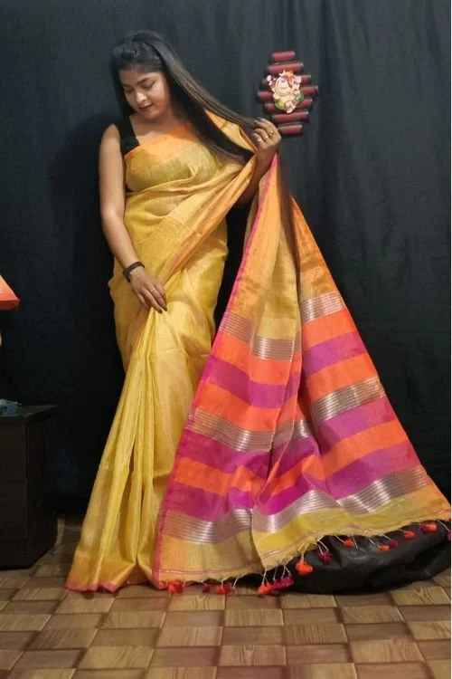 Radiant Yellow Soft Tissue Linen Saree with Matching Blouse Perfect for Partywear