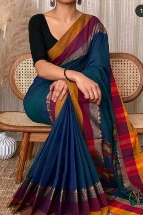 Handwoven Blue Khadi Cotton Saree Elegant Handloom with Running Blouse Piece