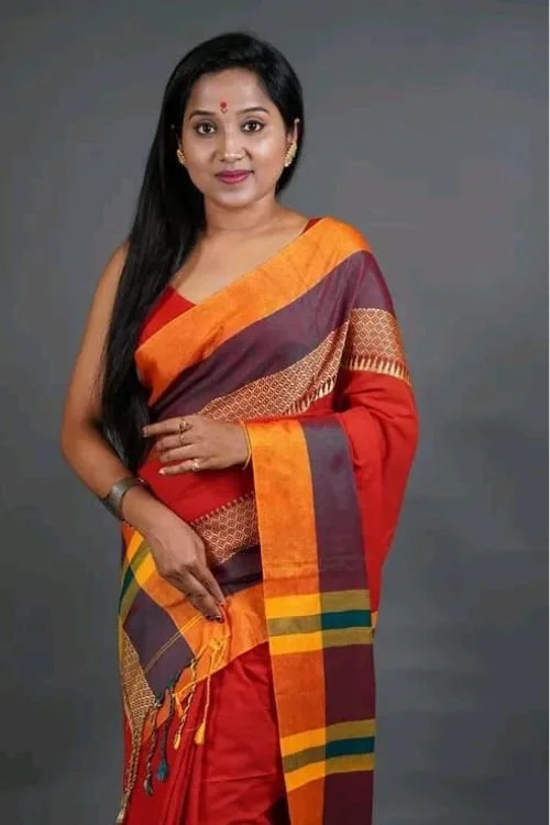 Orange Handloom Khadi Cotton Saree with Running Blouse Piece Elegant Traditional Wear
