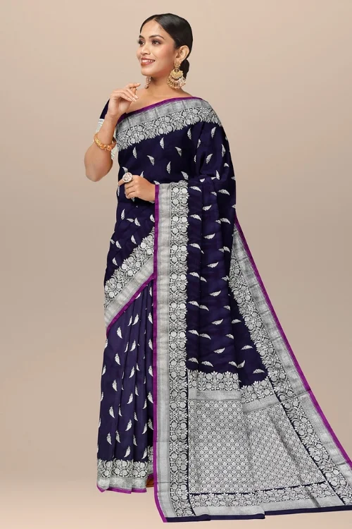 Dark Purple Mushroom Banarasi Katan Silk Saree with Matching Blouse Piece