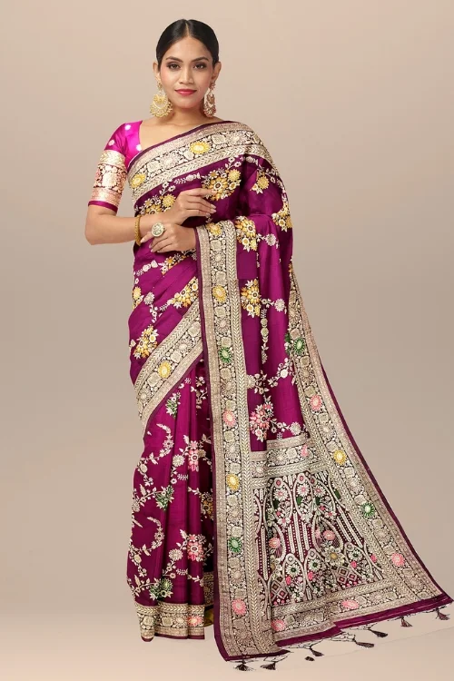 Magenta Purple Banarasi Silk Saree with Multicolor Floral Zari Embroidery & Rich Pallu"