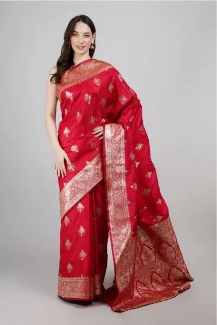 Red Banarasi Silk Saree with Zari Border & Matching Blouse Piece