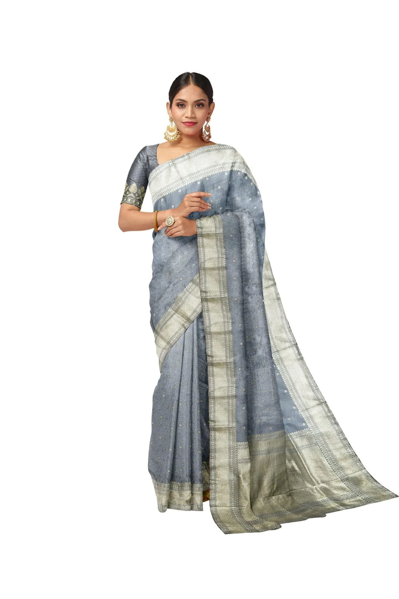 Grey Banarasi Katan Mushroom Silk Saree with Intricate Zari Weaving & Matching Blouse Piece