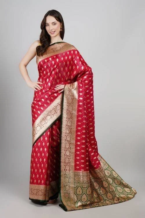 Red Elegance Banarasi Silk Saree for Women with Zari Border With matching blouse piece