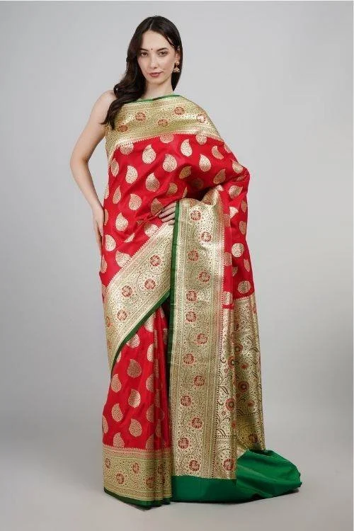 Red Regal Banarasi Silk Saree with Contrast Blouse Piece