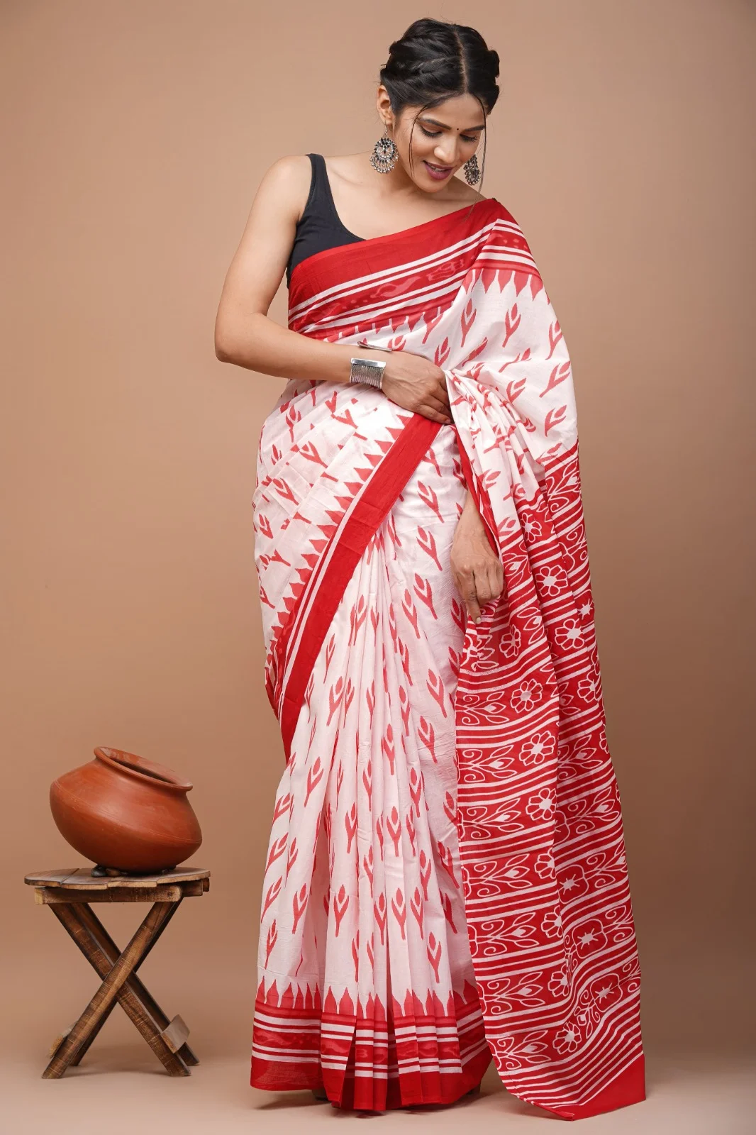 Elegant White & Red Hand block Printed Cotton Saree