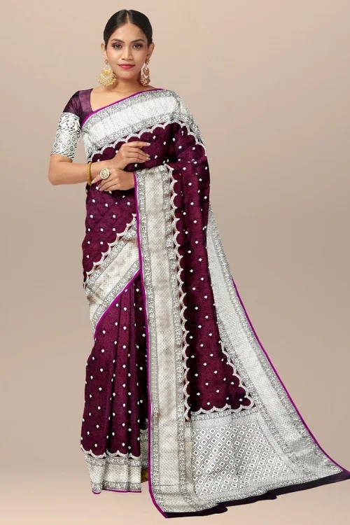 Regal Wine Banarasi Katan Mushroom Silk Partywear Saree with Unstitched Blouse