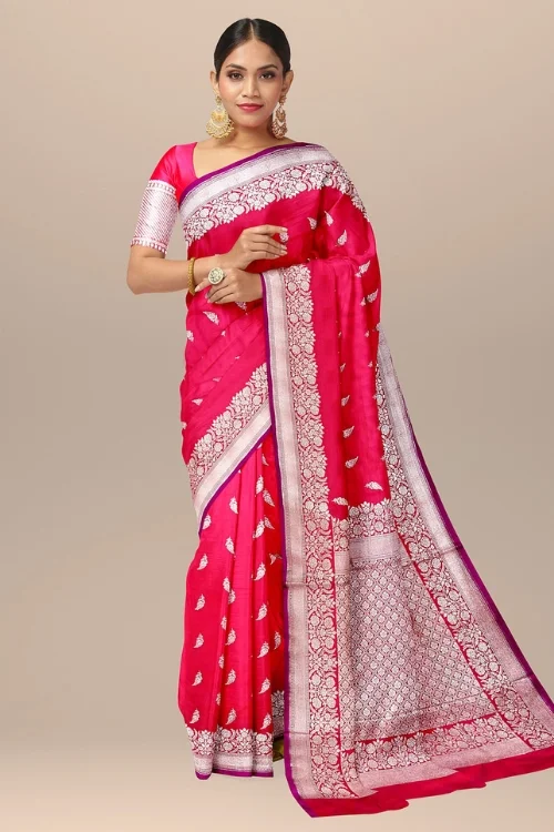 Red Banarasi Katan Mushroom Silk Saree with Matching Blouse Piece