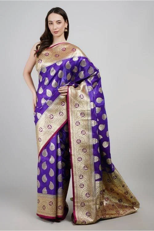 Regal Blue Banarasi Saree with Zari Border and Running Blouse Piece