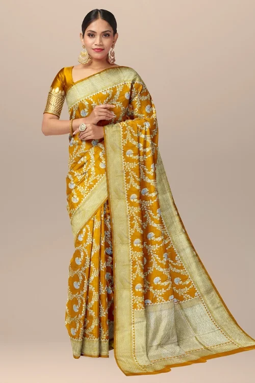 Mustard Banarasi Katan Uppada Silk Partywear Saree with Matching Blouse Piece