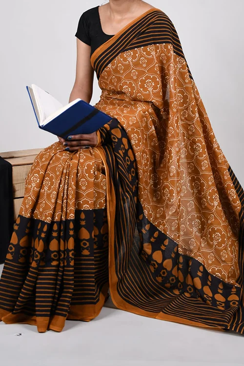 Handcrafted Mustard Brown Cotton Saree with Black Border & Floral Prints