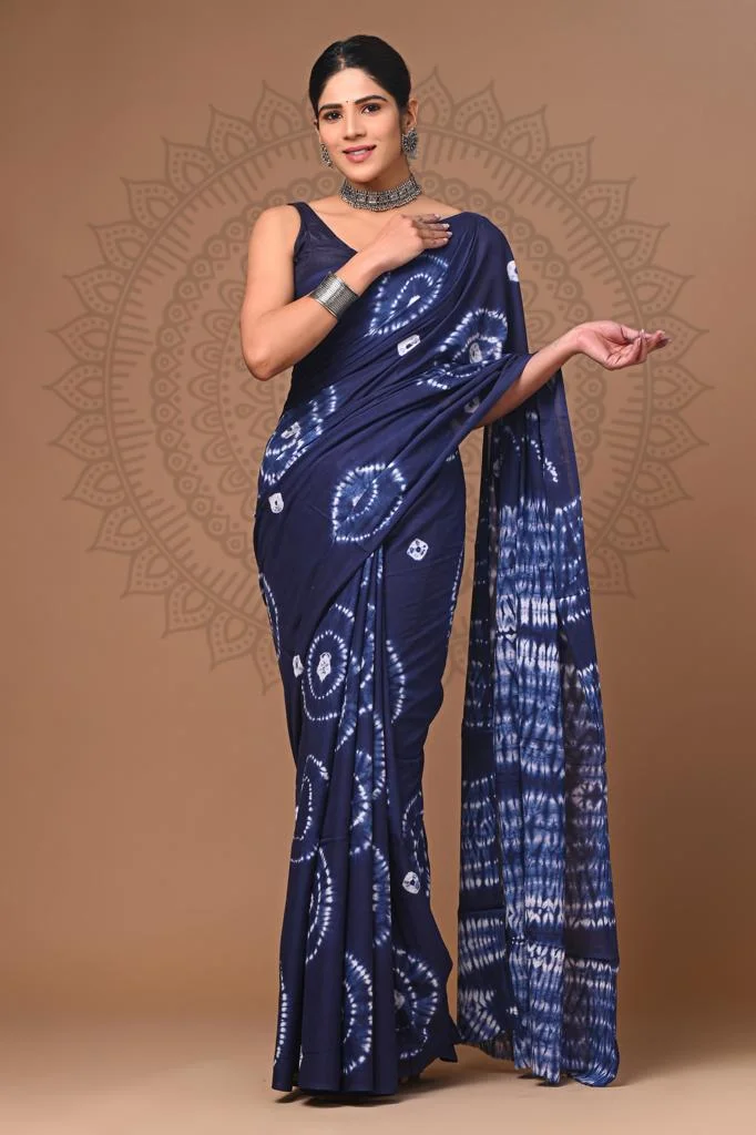 Navy Blue Pure Mulmul Cotton Saree with Blouse 100% Neutral Print