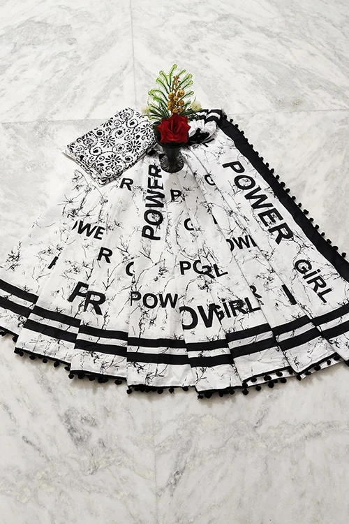 White & Black “Power Girl” Printed Cotton Saree with Marble Effect and Pom-Pom Border