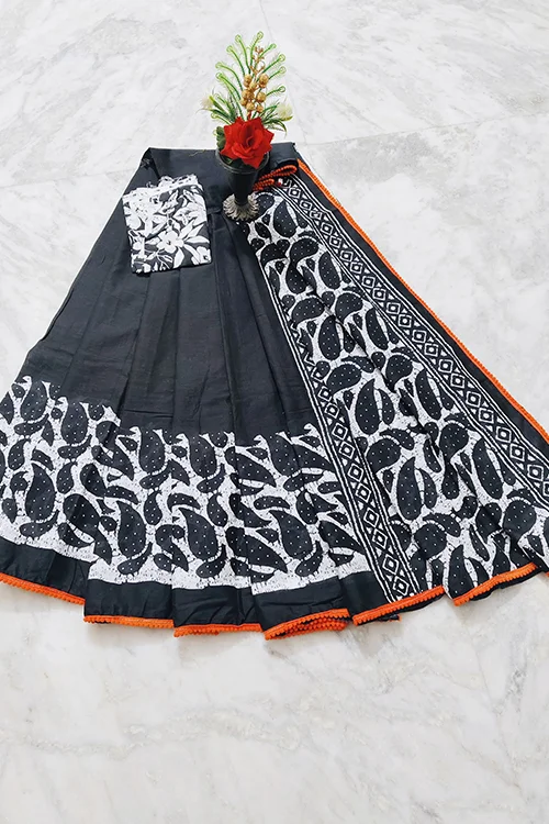 Black & White Leaf Print Cotton Saree with Orange Crochet Border