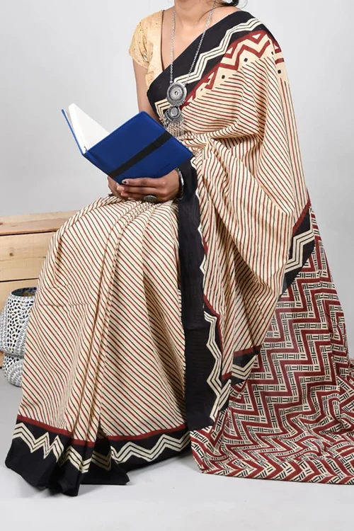 Elegant Beige & Maroon Geometric Printed Cotton Saree with Black Borders