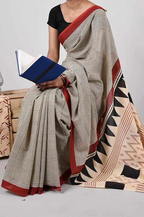 Classic Beige Cotton Saree with Black Line Grid Print & Maroon Border with blouse piece