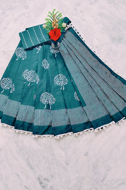 Teal Green Cotton Saree with White Tree Motif & Striped Pallu With blouse piece
