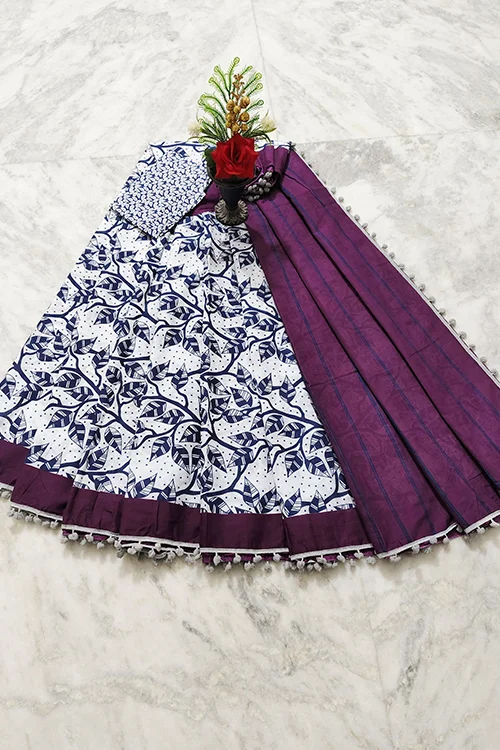 Chic White & Indigo Blue Cotton Printed Saree with Grey Pom-Pom Border