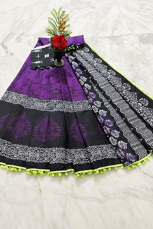 Graceful Black & Purple Hand block Printed Cotton Saree with Lime Green Pom-Pom Border