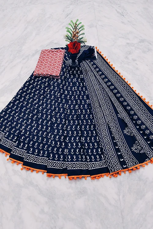 Navy Blue Hand block Cotton Saree with Red Blouse & Orange Tassels